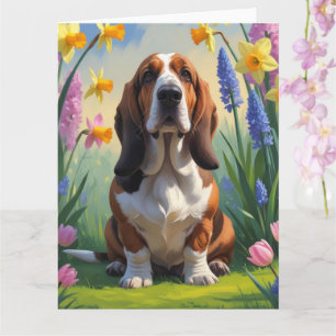 Tarjeta Pintura de flores de primavera del perro Basset Ho