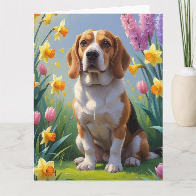 Tarjeta Pintura de flores de primavera del perro Beagle  (Anverso)