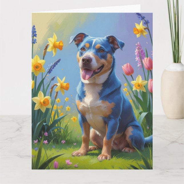 Tarjeta Pintura de flores de primavera del perro Blue Heel (Anverso)