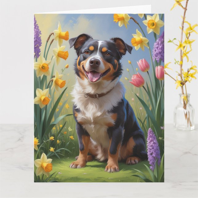 Tarjeta Pintura de flores de primavera del perro boyero au (flor amarilla)