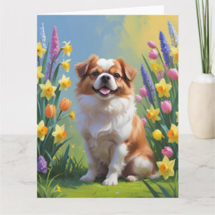 Tarjeta Pintura de flores de primavera del perro Chin Japo