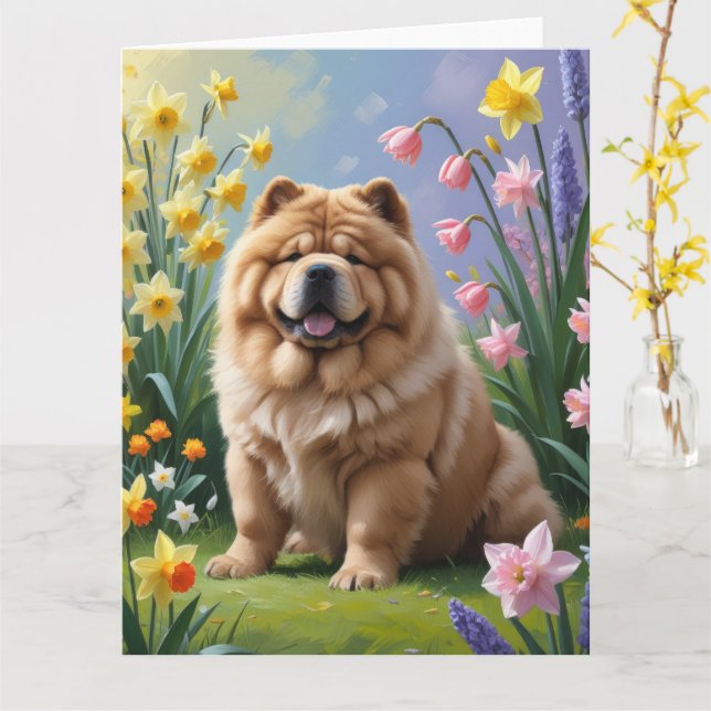 Tarjeta Pintura de flores de primavera del perro Chow Chow (flor amarilla)