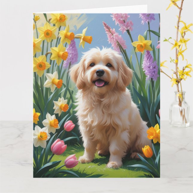 Tarjeta Pintura de flores de primavera del perro Coton De  (flor amarilla)