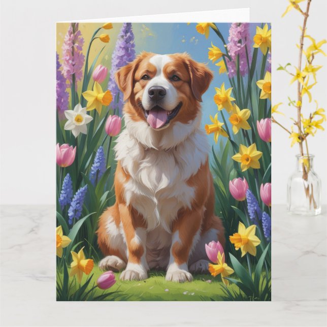 Tarjeta Pintura de flores de primavera del perro de montañ (flor amarilla)