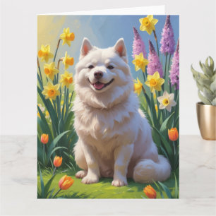 Tarjeta Pintura de flores de primavera del perro esquimal 