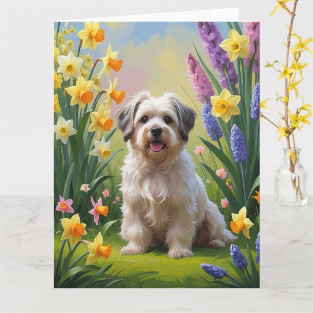 Tarjeta Pintura de flores de primavera del perro Havanés  (flor amarilla)