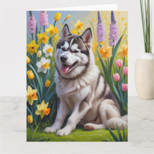 Tarjeta Pintura de flores de primavera del perro Husky sib