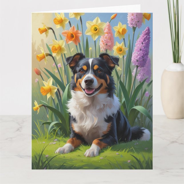 Tarjeta Pintura de flores de primavera del perro Kelpie au (Anverso)