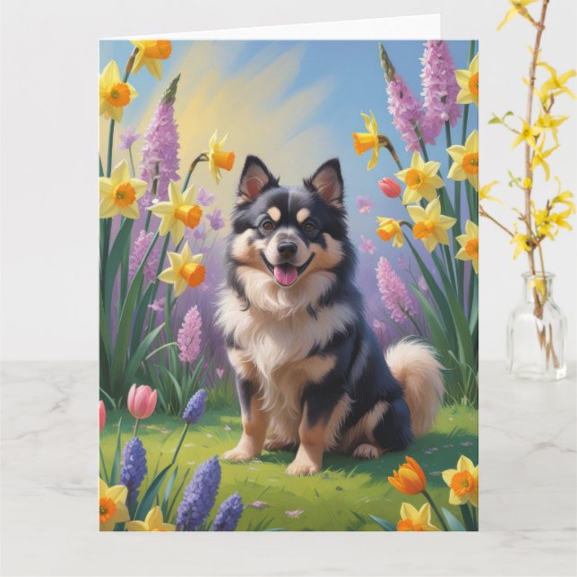 Tarjeta Pintura de flores de primavera del perro Lapphund  (flor amarilla)