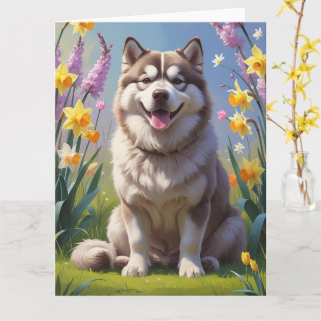 Tarjeta Pintura de flores de primavera del perro Malamute  (flor amarilla)