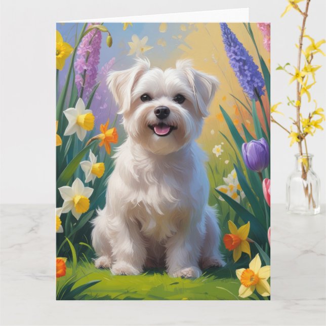 Tarjeta Pintura de flores de primavera del perro maltés (flor amarilla)