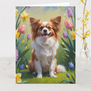 Tarjeta Pintura de flores de primavera del perro Papillon 