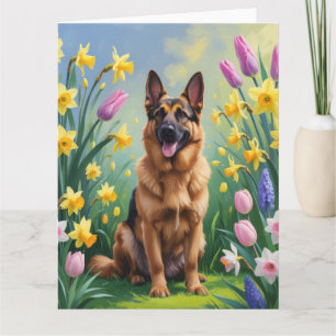Tarjeta Pintura de flores de primavera del perro pastor al