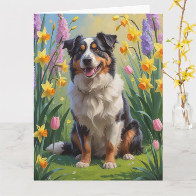 Tarjeta Pintura de flores de primavera del perro pastor au (flor amarilla)