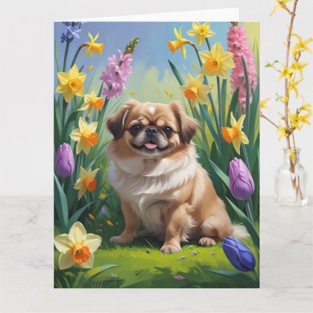 Tarjeta Pintura de flores de primavera del perro pequinés (flor amarilla)