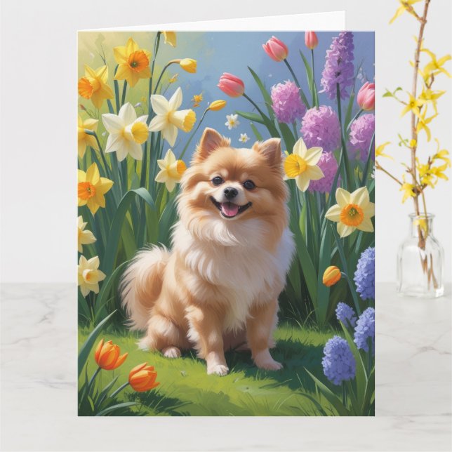 Tarjeta Pintura de flores de primavera del perro pomerania (flor amarilla)