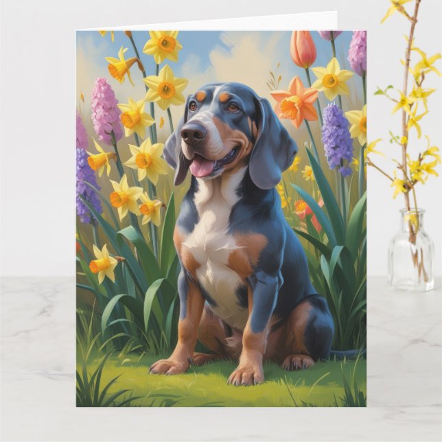 Tarjeta Pintura de flores de primavera del perro sabueso d (flor amarilla)