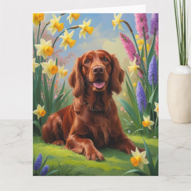 Tarjeta Pintura de flores de primavera del perro Setter Ro (Anverso)