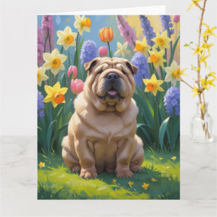 Tarjeta Pintura de flores de primavera del perro Shar Pei