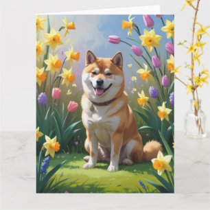 Tarjeta Pintura de flores de primavera del perro Shiba Inu