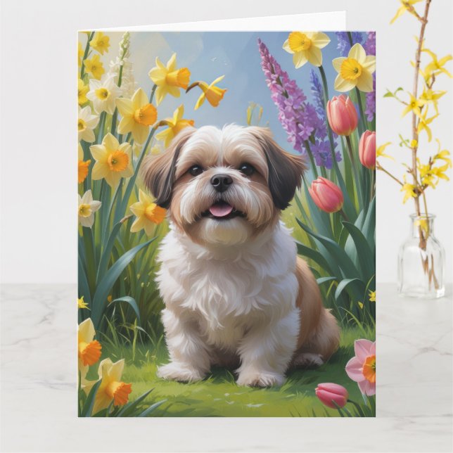 Tarjeta Pintura de flores de primavera del perro Shih Tzu (flor amarilla)