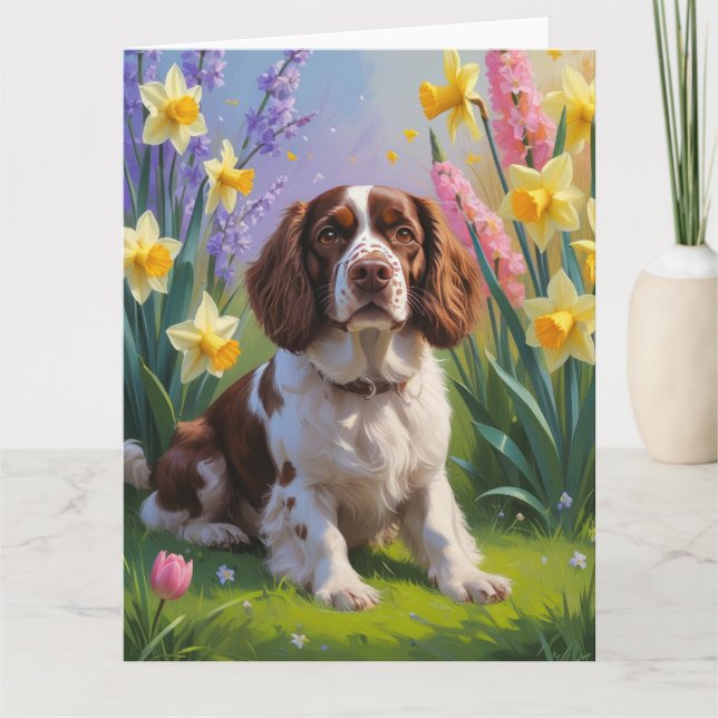Tarjeta Pintura de flores de primavera del perro spaniel d (Anverso)