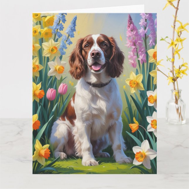 Tarjeta Pintura de flores de primavera del perro Springer  (flor amarilla)