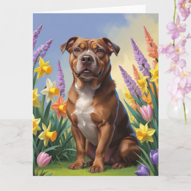 Tarjeta Pintura de flores de primavera del perro Staffords (Orquídea)