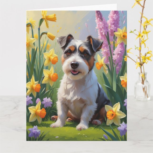 Tarjeta Pintura de flores de primavera del perro terrier a (flor amarilla)