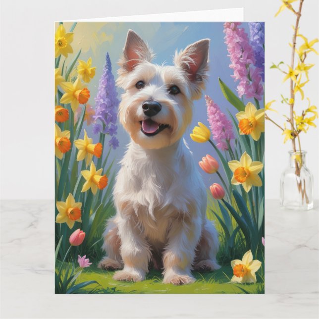 Tarjeta Pintura de flores de primavera del perro terrier e (flor amarilla)