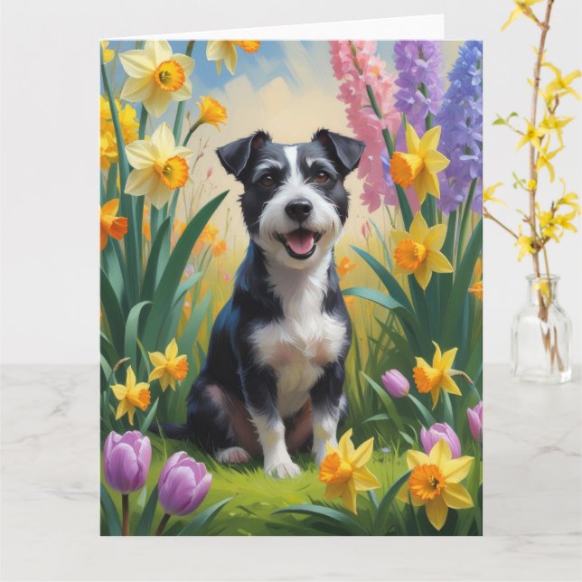 Tarjeta Pintura de flores de primavera del perro terrier r (flor amarilla)