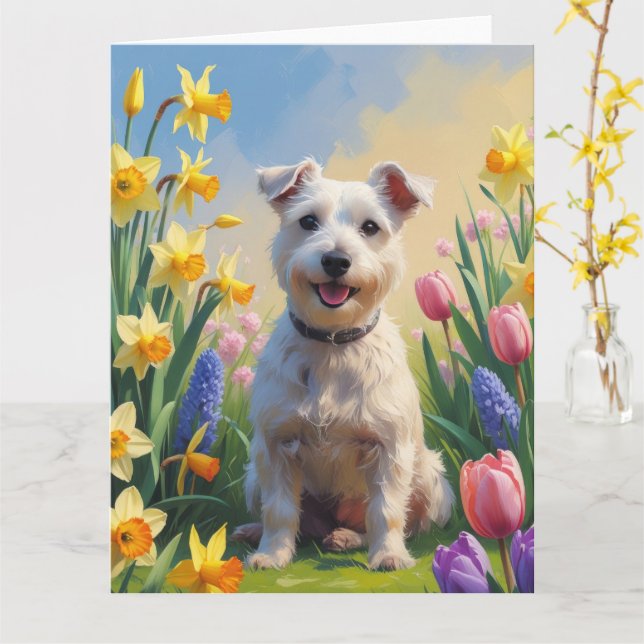Tarjeta Pintura de flores de primavera del perro terrier W (flor amarilla)