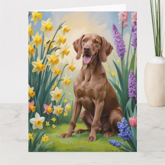 Tarjeta Pintura de flores de primavera del perro Vizsla (Anverso)