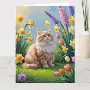 Tarjeta Pintura de Gato Angora Turco con Flores de Primave