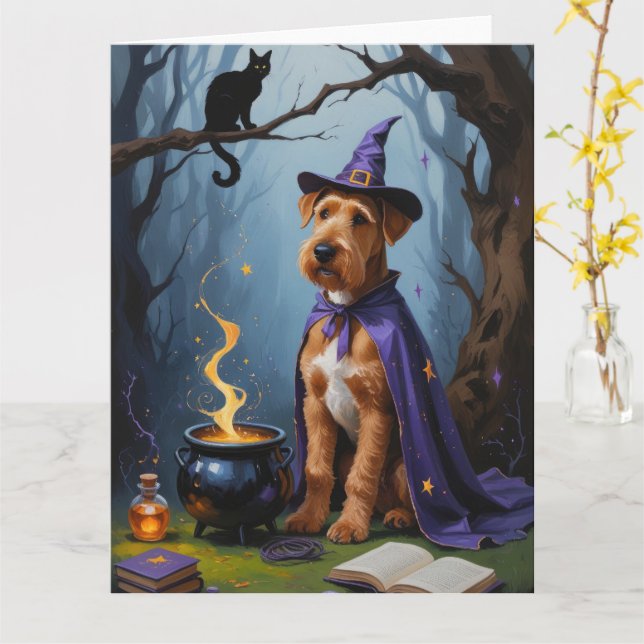 Tarjeta Pintura de Halloween de Airedale Dog Whimsical (flor amarilla)