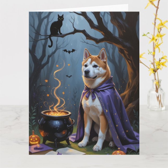 Tarjeta Pintura de Halloween de Akita Dog (flor amarilla)
