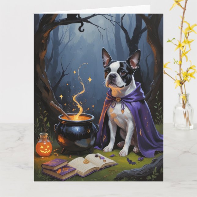 Tarjeta Pintura de Halloween de Boston Terrier Dog (flor amarilla)