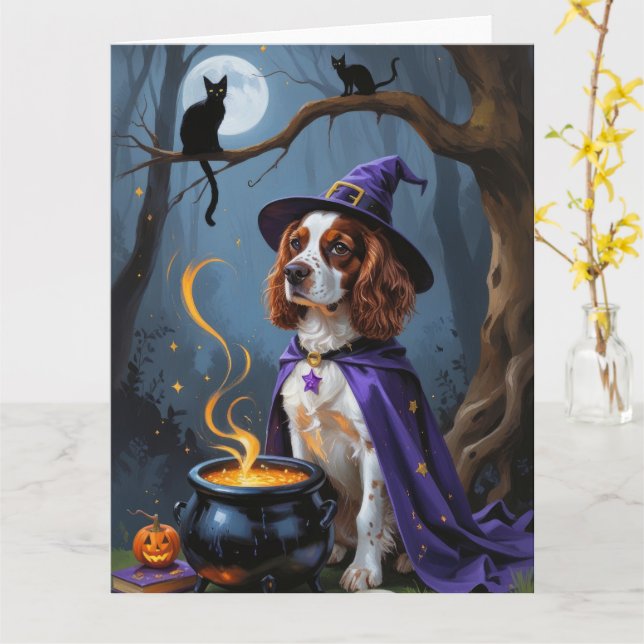 Tarjeta Pintura de Halloween de Brittany Spaniel Dog Whims (flor amarilla)