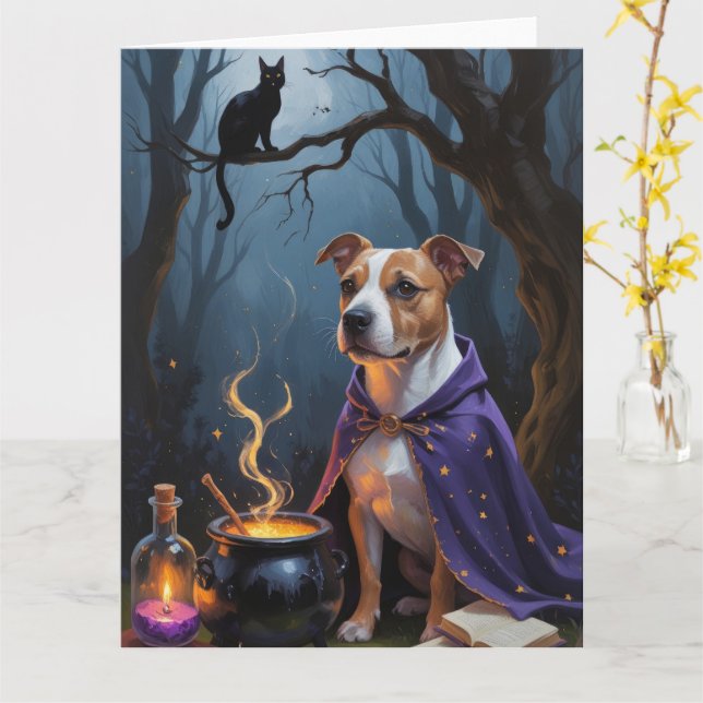 Tarjeta Pintura de Halloween de Bull Terrier Dog (flor amarilla)
