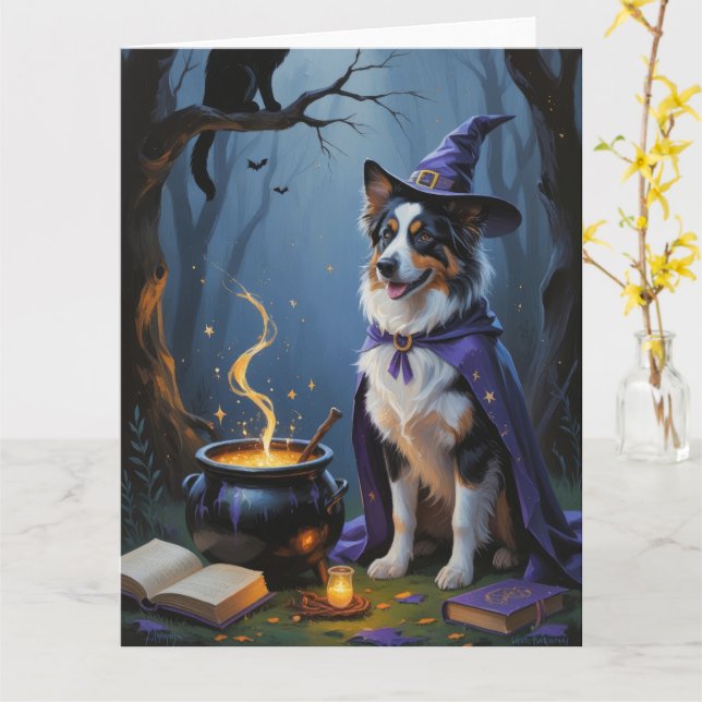 Tarjeta Pintura de Halloween de Pastor Australiano (flor amarilla)