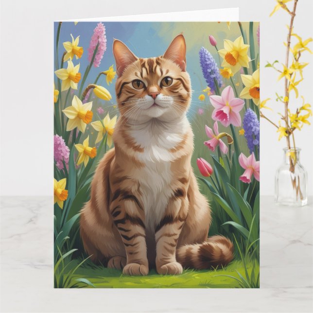 Tarjeta Pintura de la primavera del gato bengalí (flor amarilla)