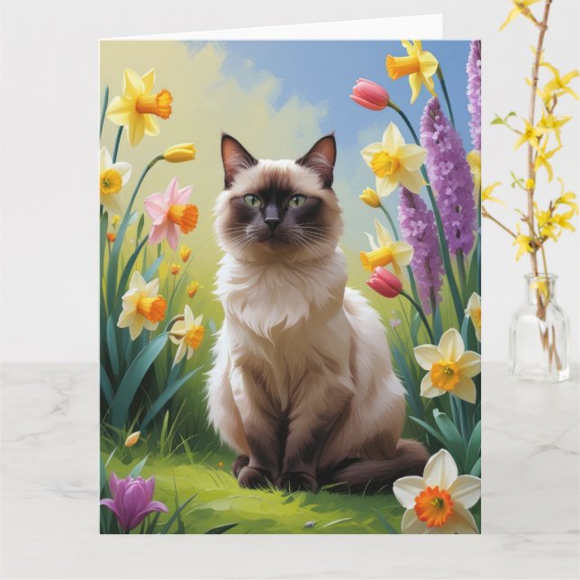 Tarjeta Pintura de la primavera del gato siamés (flor amarilla)