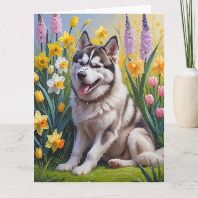 Tarjeta Pintura de las flores de primavera del perro Husky (Anverso)