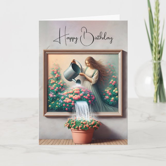 Tarjeta Pintura de mujer regando una fábrica de artesanía (Anverso)