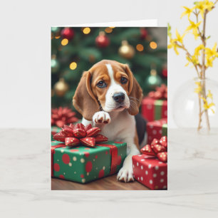 Tarjeta Pintura de Navidad de Beagle envolviendo regalos