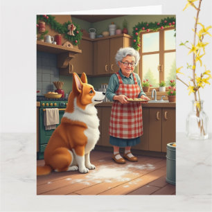 Tarjeta Pintura de Navidad de Corgi horneando con la abuel