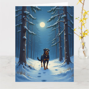 Tarjeta Pintura de Navidad de Rottweiler en el bosque estr