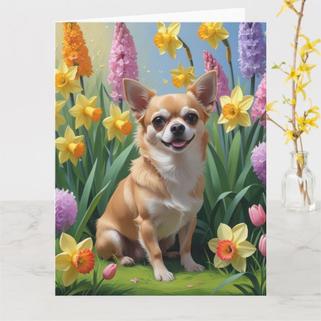 Tarjeta Pintura de Perro Chihuahua Flores de Primavera (flor amarilla)
