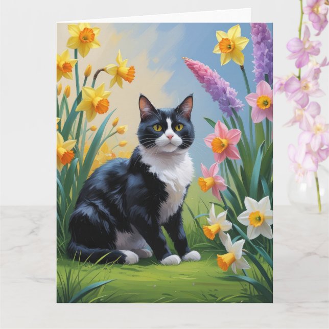 Tarjeta Pintura de primavera de gato de Tuxedo (Orquídea)