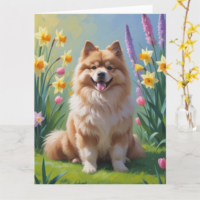 Tarjeta Pintura de primavera de perro Keeshond  (flor amarilla)